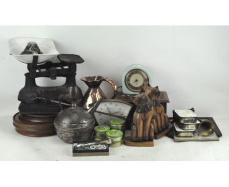 A large collection of assorted collectables, to include a Smiths 8 day mantel clock , a set of vintage weighing scales and mo