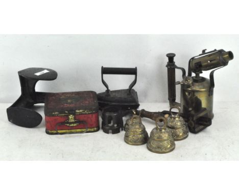 Assorted metalwork, including an iron, lighter etc