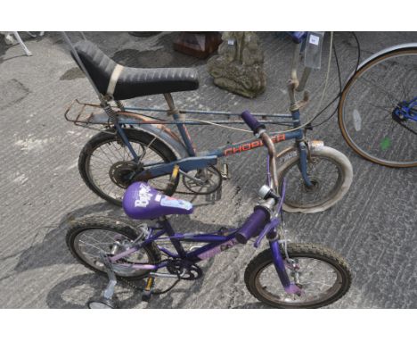A vintage Raleigh Chopper bike, Arrow Wedge design with blue frame, together with a Bratz bike (2)