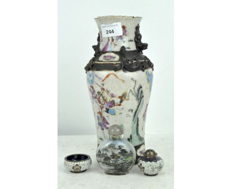 A Chinese ceramic 'crackle' vase with a snuff bottle and other chinoiserie items