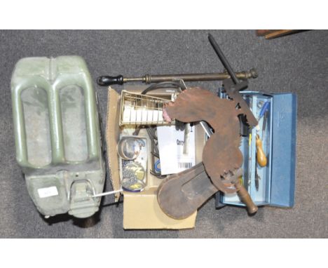 A petrol jerry can and a selection of vintage tools, together with a wooden clacker, part metal weather vane in the form of a