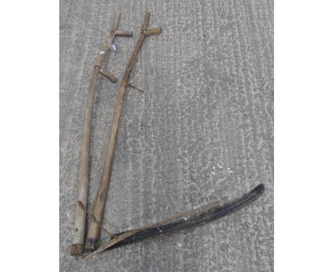 Two vintage garden scythes, 144cm high