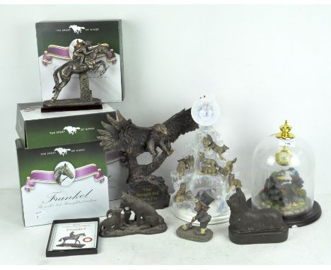 A Bradford Exchange figure of an eagle, together with seven similar examples, a glass dome containing a pocket watch alongsid