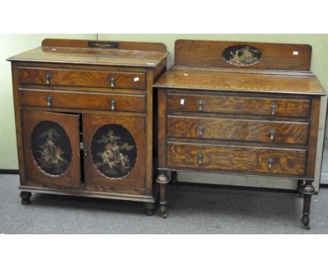 Two oak bedroom furniture pieces with lacquered Chinese style reserves, comprising a cabinet with two drawers above two doors