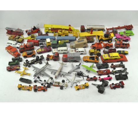 A collection of assorted die cast model vehicles, mostly play worn, including Matchbox Super Kings car transporter, Matchbox 