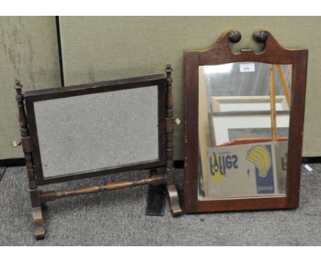 A wood swing mirror on turned supports, 42 x 40 cm,  together with another mirror with a stand to the back, with decorative f