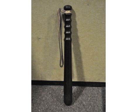 A wooden truncheon with leather handle,40 cm long, and a wood swagger stick with metal encased ends, l66 cm long