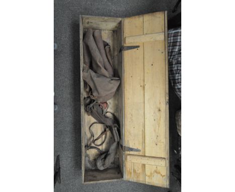 A vintage pine trunk for a croquet set with two metal handles, painted initials A.R.D., 24cm x 129cm x 34cm