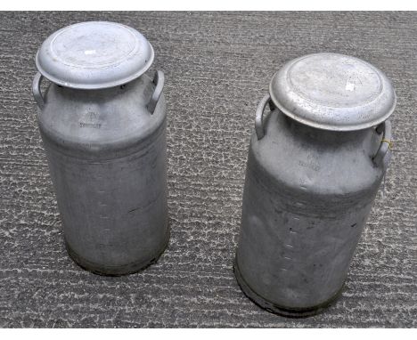 Two vintage two-handled aluminium milk churns, Trifolet, Grundy, Teddington Ltd., 71 cm high