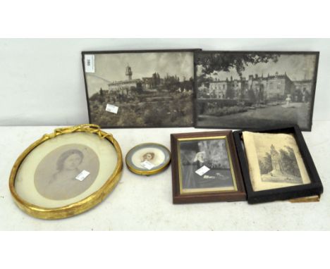 Five late 19th/early 20th century photographs and prints, comprising two female portraits, a photograph of an elderly woman a