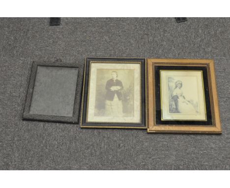 A Regency portrait of a seated lady, framed; a Victorian photo, a satirical print and an ebonised frame - NB - this lot does 