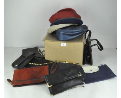 A collection of vintage hats, in box, together with various handbags