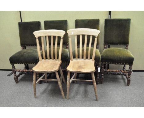 Four oak dining chairs with barley twist legs; together with two ladder back chairs, largest 92cm high