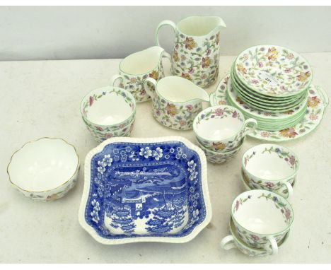 A porcelain Minton Hadden Hall tea set with cups and saucers, serving platter, jugs and bowls, together with a blue and white