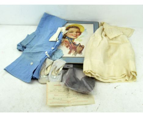 A vintage set of infant's fancy clothes including a pair of leather shoes, a blue two-piece suit and a cream dress