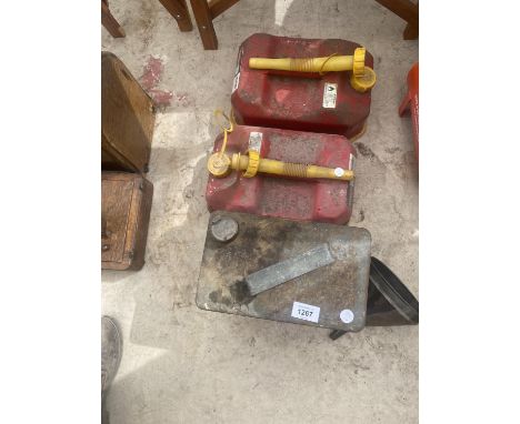 A GROUP OF THREE VINTAGE FUEL CANS AND A FUNNEL 