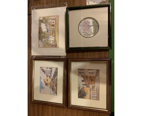 TWO FRAMED PRINTS, A THIRD MOUNTED PRINT AND  A FRAMED EMBROIDERED LANDSCAPE SCENE 