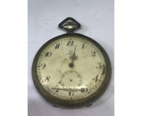 A GENTLEMAN'S OMEGA WHITE METAL POCKET WATCH WITH ENAMEL DIAL HAVING SOME DAMAGE, SECOND HAND MISSING AND MINUTE HAND LOOSE. 