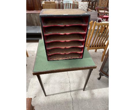 A VICTORIAN PINE SIX TIER OPEN FILING SHELVING UNIT, 18.5" WIDE WITH SERPENTINE/MOUSTACHE SHAPED FRONT EDGE, AND A CARD TABLE