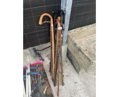 AN ASSORTMENT OF WALKING STICKS AND FIRE SIDE TOOLS 