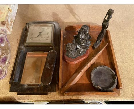 A DECO STYLE BAROMETER AND MIRROR SET AND A WOODEN TRAY ETC 