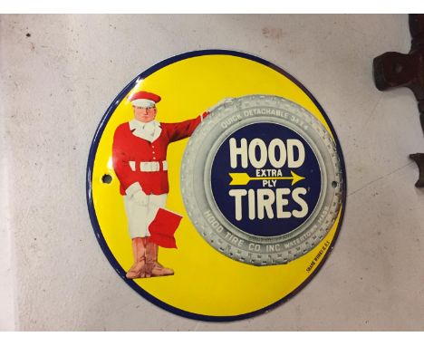 A CIRCULAR ENAMEL HOOD TIRES ADVERTISING SIGN DIAMETER 15.5 CM 