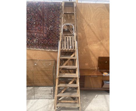 A GROUP OF THREE VARIOUS VINTAGE WOODEN STEP LADDERS 