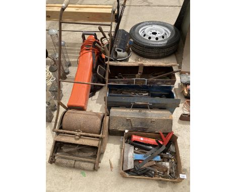 A LARGE QUANTITY OF TOOLS TO INCLUDE A VINTAGE LAWN MOWER, A FLYMO GARDEN VAC, SPANNERS AND PLIERS ETC 