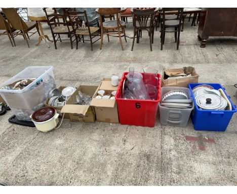 A LARGE ASSORTMENT OF ITEMS TO INCLUDE CERAMIC PLATES, GLASSES AND PANS ETC 