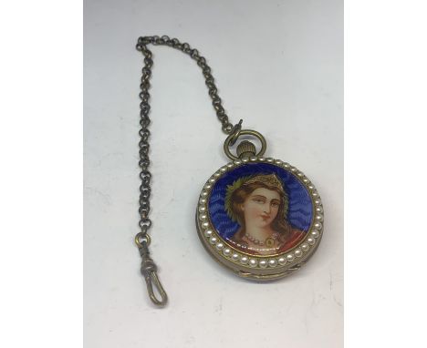 A POCKET WATCH WITH AN ENAMEL AND PEARL DOUBLE SIDED CASE 