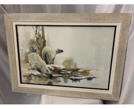 A FRAMED LIMITED EDITION MORTEN E SOLBERG PRINT 364/950 POLAR BEARS ON THE ICE 