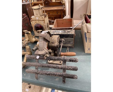 A VINTAGE MANUAL SHARPENING STONE, A VINTAGE RADIO AND A TREEN BOX 