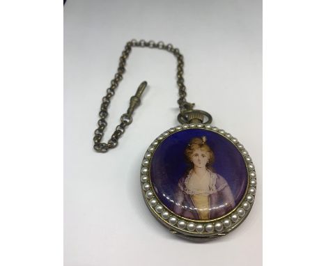 A DECORATIVE POCKET WATCH WITH AN ENAMEL AND PEARL DOUBLE SIDED CASE 