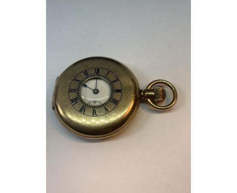 A GOLD PLATED THOS RUSSELL AND SONS HALF HUNTER ENAMEL FACED POCKET WATCH IN AN ADONIS CASE 