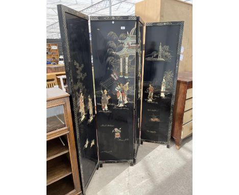 A 20TH CENTURY FOUR PANEL CHINOISERIE SCREEN WITH RAISED PAGODA AND FIGURINE DECORATION, EACH PANEL IS 72X18" 