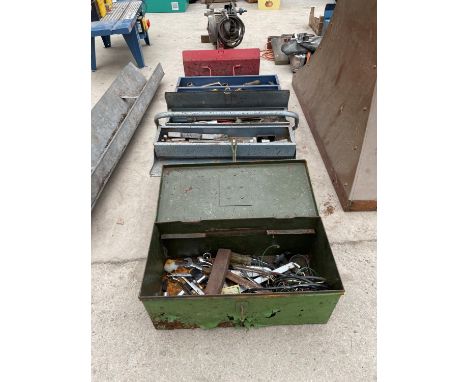 A GROUP OF FOUR METAL TOOL BOXES CONTAINING AN ASSORTMENT OF TOOLS AND HARDWARE 