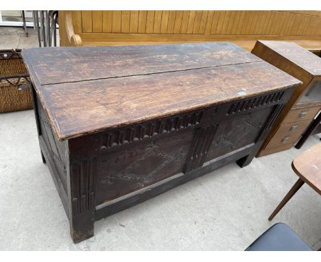 AN 18TH CENTURY OAK TWO PANEL BLANKET CHEST WITH LATER PINE TOP, 51" WIDE 