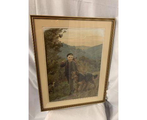 A GILT FRAMED PRINT DEPICTING A BOY WITH DOG 