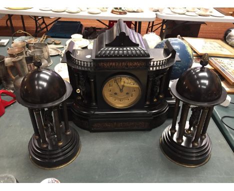 A LARGE DECORATIVE POLISHED SLATE OVER MANTEL CLOCK WITH EMBOSSED COPPER DEPICTING ROMAN SCENES 50CM WIDTH 38CM HEIGHT WITH T