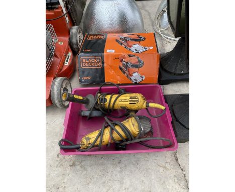 A BLACK AND DECKER ELECTRIC SANDER AND TWO DEWALT ANGLE GRINDERS (SPARES OR REPAIRS) 