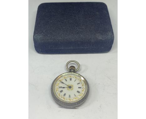 A LADIES 925 SILVER POCKET WATCH WITH GILDED ENAMEL DIAL 