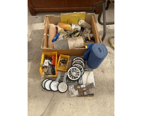 AN ASSORTMENT OF TOOLS AND HARDWARE TO INCLUDE HINGES, WHEELS AND ROLLERS ETC 
