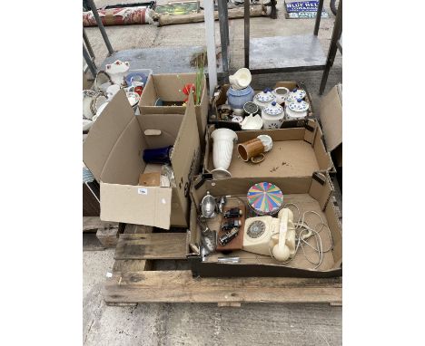 AN ASSORTMENT OF HOUSEHOLD CLEARANCE ITEMS TO INCLUDE CERAMIC POTS, A TELEPHONE ETC 