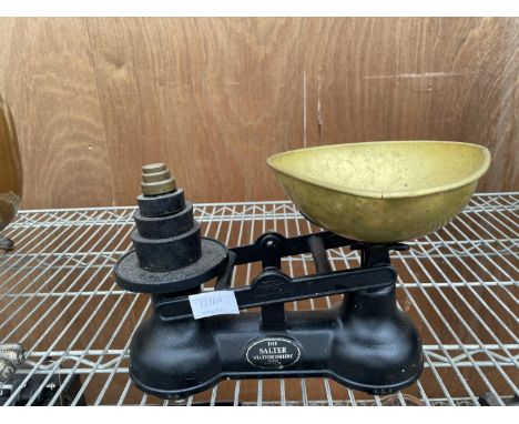 A SET OF VINTAGE 'THE SALTER STAFFORDSHIRE' SCALES WITH WEIGHTS 
