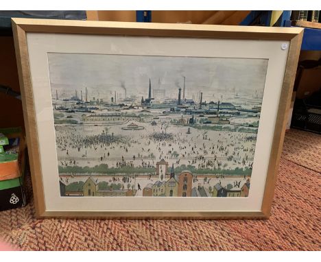 A LARGE FRAMED PRINT OF A CITY LANDSCAPE 