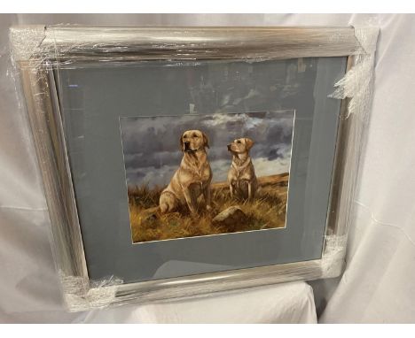 A LARGE FRAMED PRINT OF GOLDEN LABRADORS 