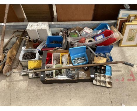 A LARGE QUANTITY OF TOOLS AND HARDWARE ITEMS TO INCLUDE SPRINGS, BOLTS AND AN OIL CAN ETC 
