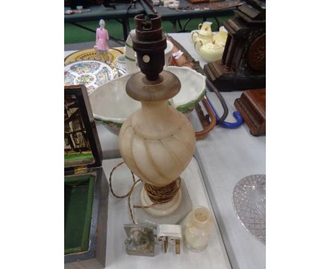 A HEAVY CREAM ONYX LAMP BASE H:38 CM AN ONYX CANDLESTICK ETC 