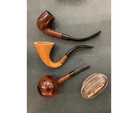 A VINTAGE BURL WOOD HURRICANE PIPE, A WOLF OF LONDON SHERLOCK HOLMES PIPE, A FURTHER EXAMPLE AND A RONSON QUEEN ANNE TABLE LI