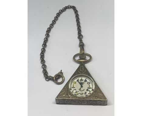 A TRIANGULAR MASONIC STYLE POCKET WATCH WITH CHAIN 